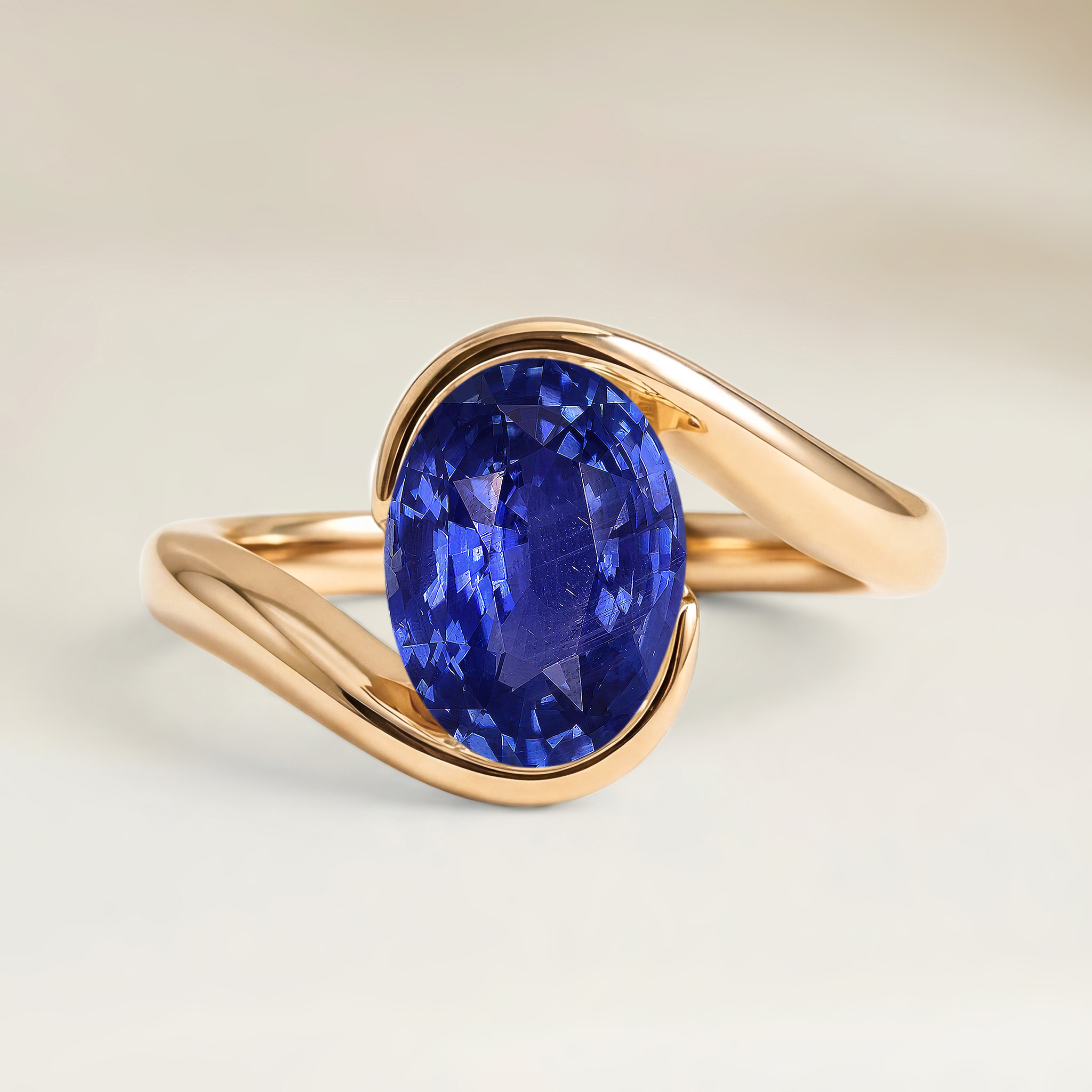 Bague Solitaire Saphir Bleu Ovale de 3,22ct — Or Jaune 18k - vue principale
