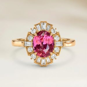 Bague Art Deco Saphir Padparadscha Ovale de 2,51ct — Or Jaune 18k - vue principale