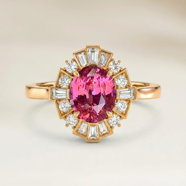 Bague Art Deco Saphir Padparadscha Ovale de 2,51ct — Or Jaune 18k - vue principale