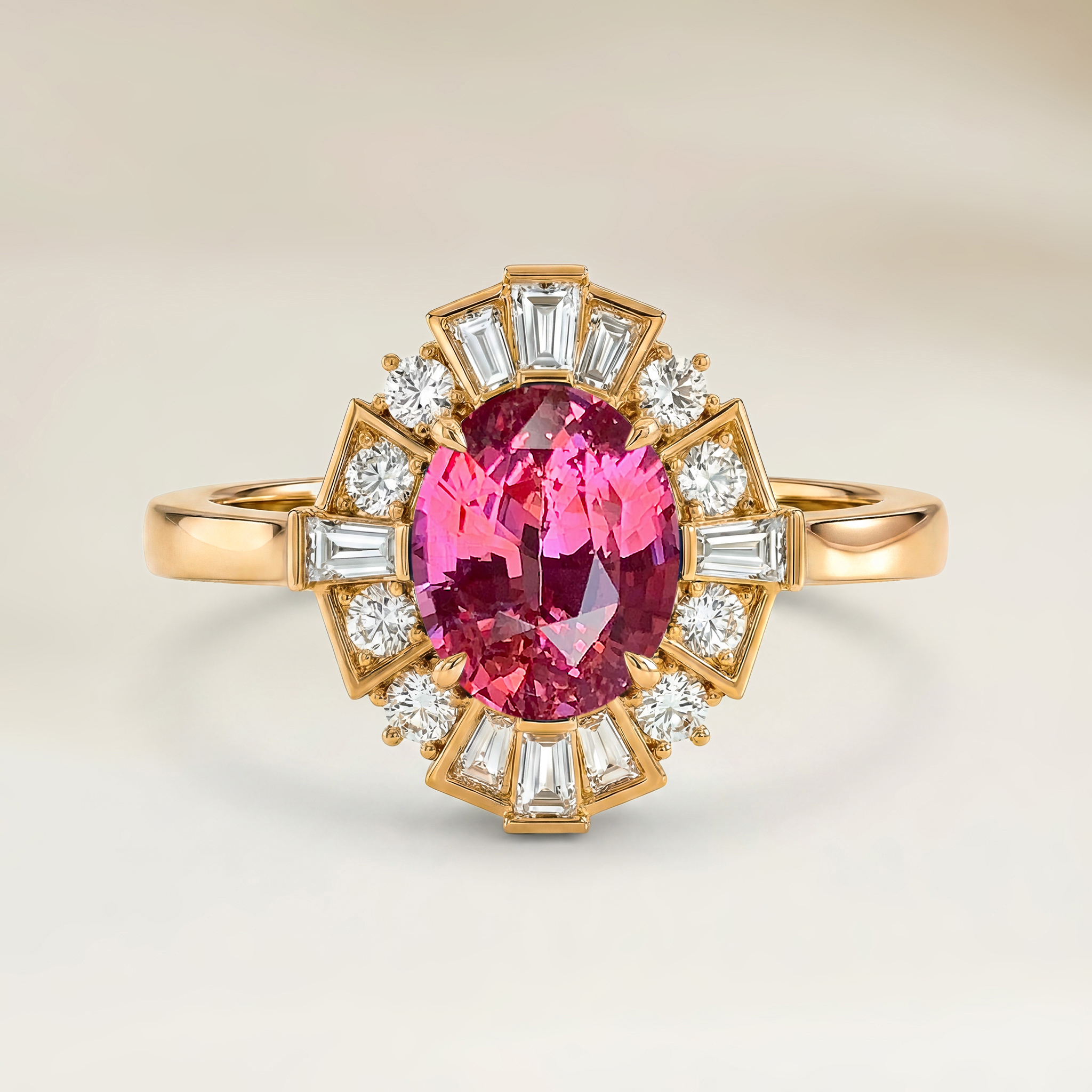 Bague Art Deco Saphir Padparadscha Ovale de 2,51ct — Or Jaune 18k - vue principale